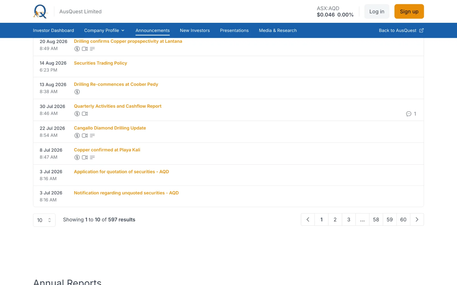 AusQuest's announcements page, with video summaries and plain-language digests on each release