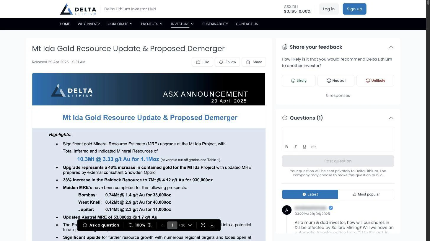 Delta Lithium's investor hub showing the Mt Ida demerger announcement beside a feedback rating and an investor question