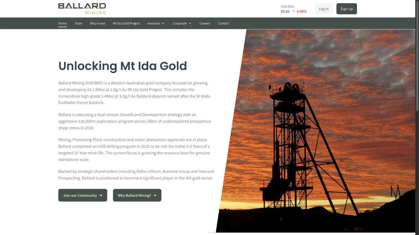 Ballard Mining's investor hub home page, headed Unlocking Mt Ida Gold, with a Join our Community button