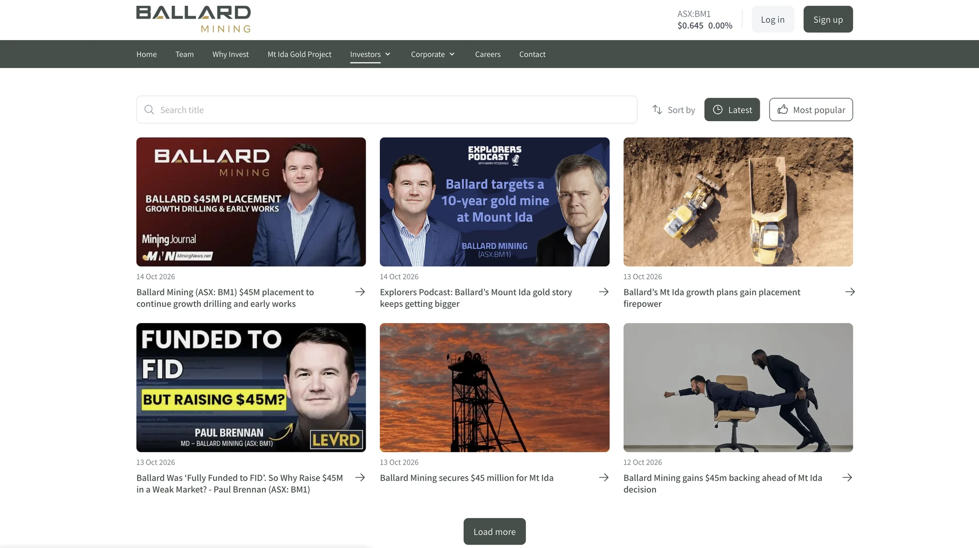 Ballard Mining's News & Media page, a searchable grid of video interviews, a podcast and press coverage