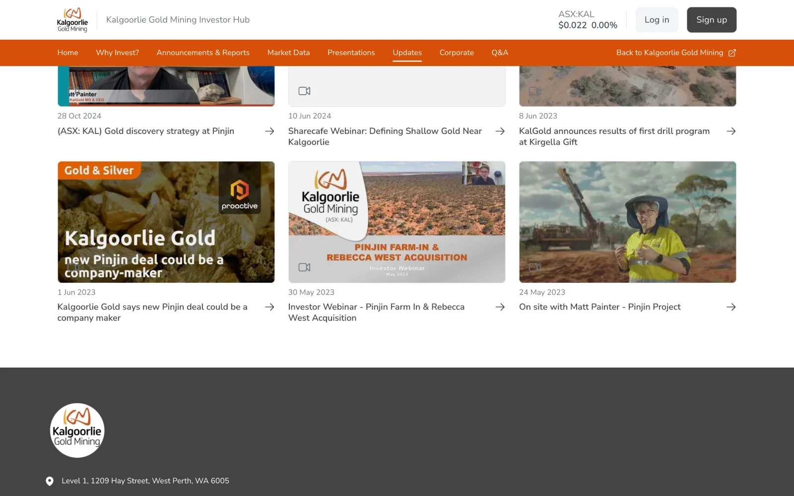 Kalgoorlie Gold Mining's video updates, several fronted by the Managing Director