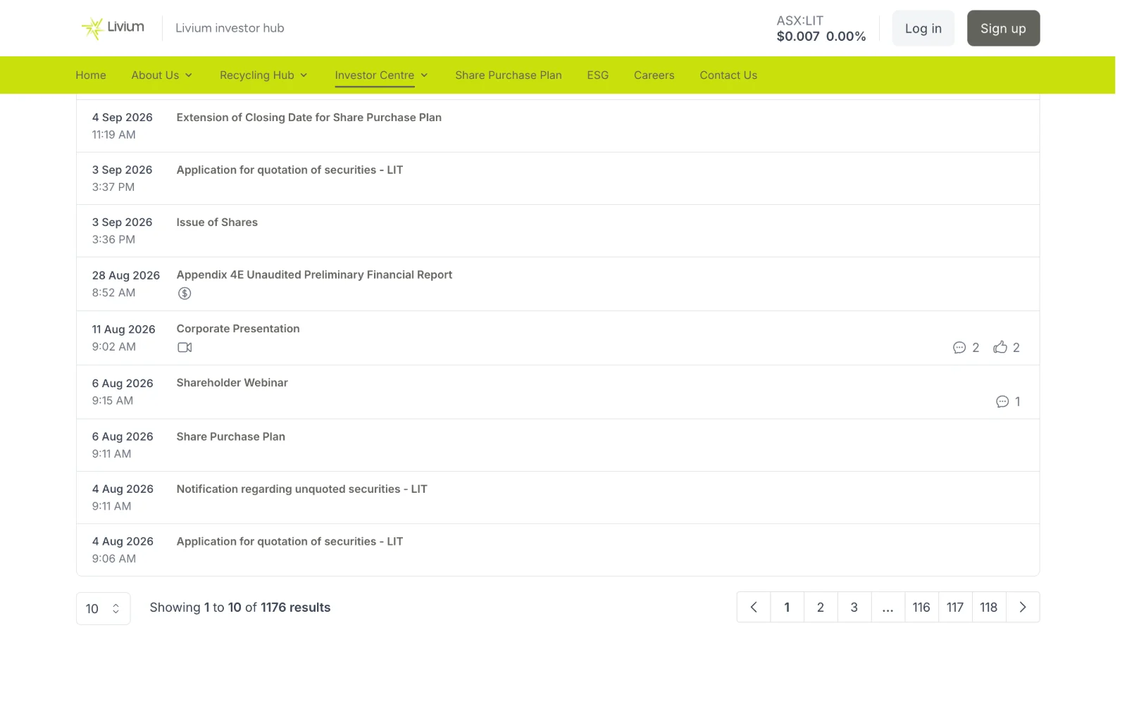 Livium's announcements page, listing ASX filings with engagement counts