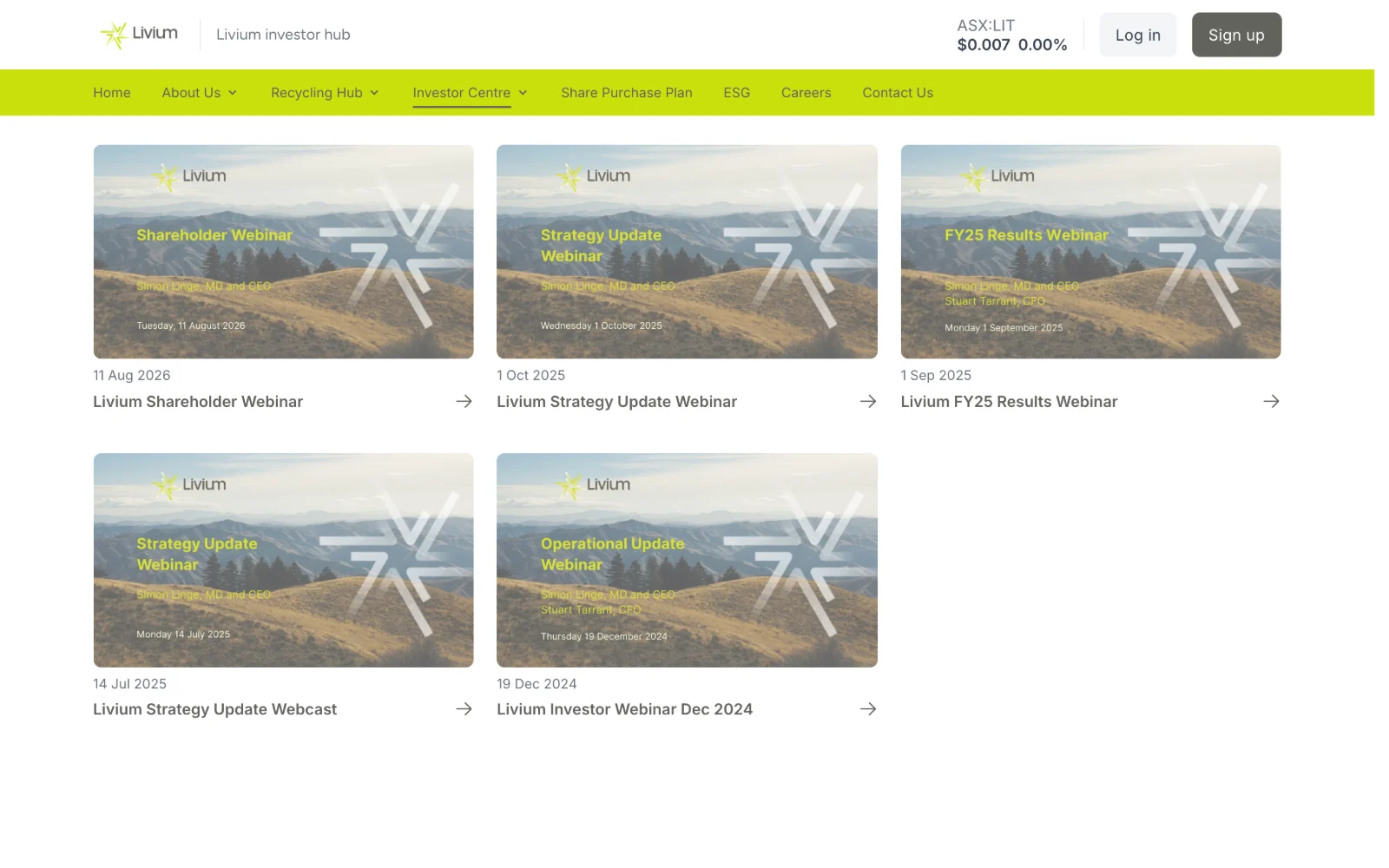 Livium's webinars and videos page, showing five recorded investor webinars