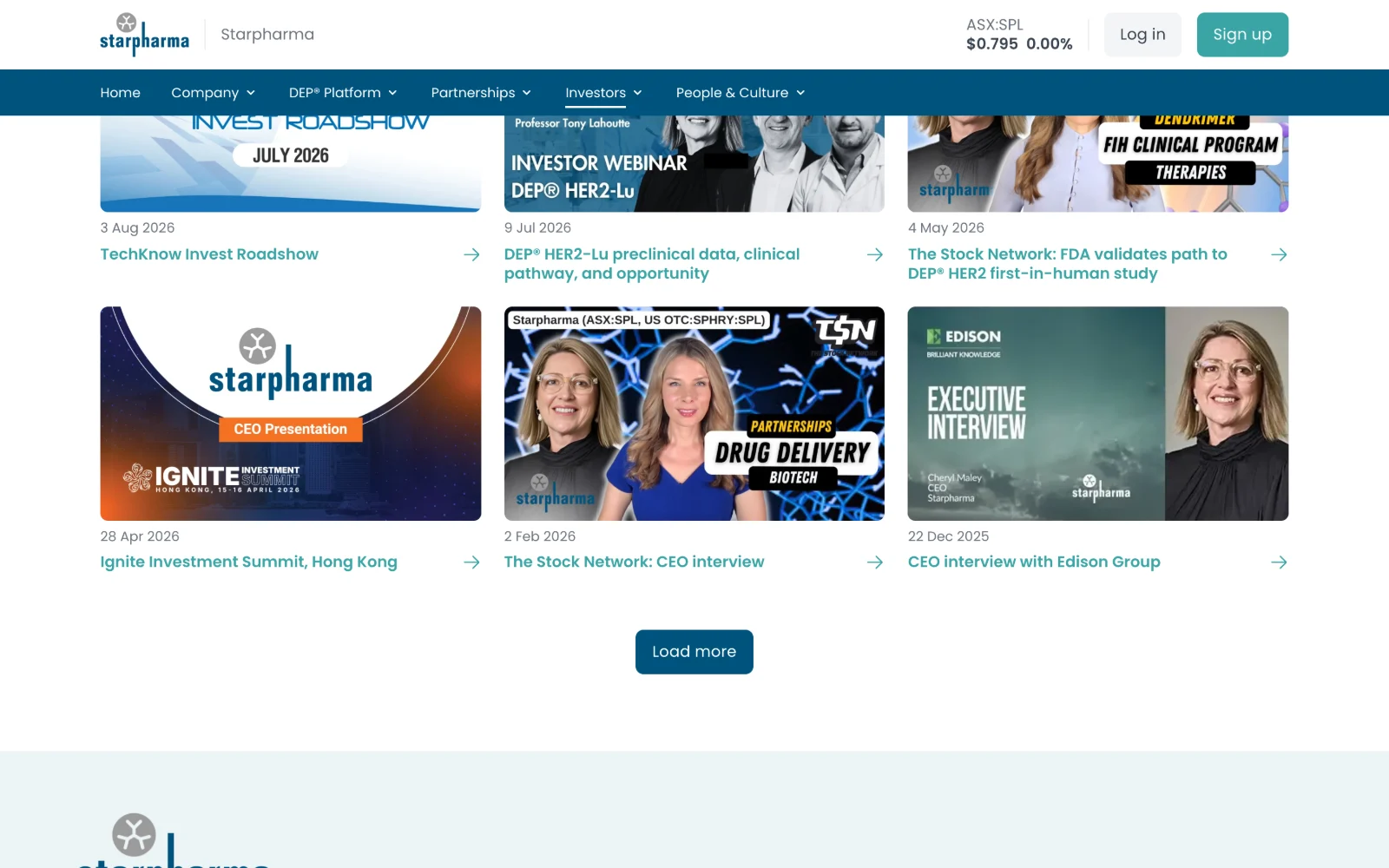 Starpharma's video library, showing investor webinars and CEO interviews